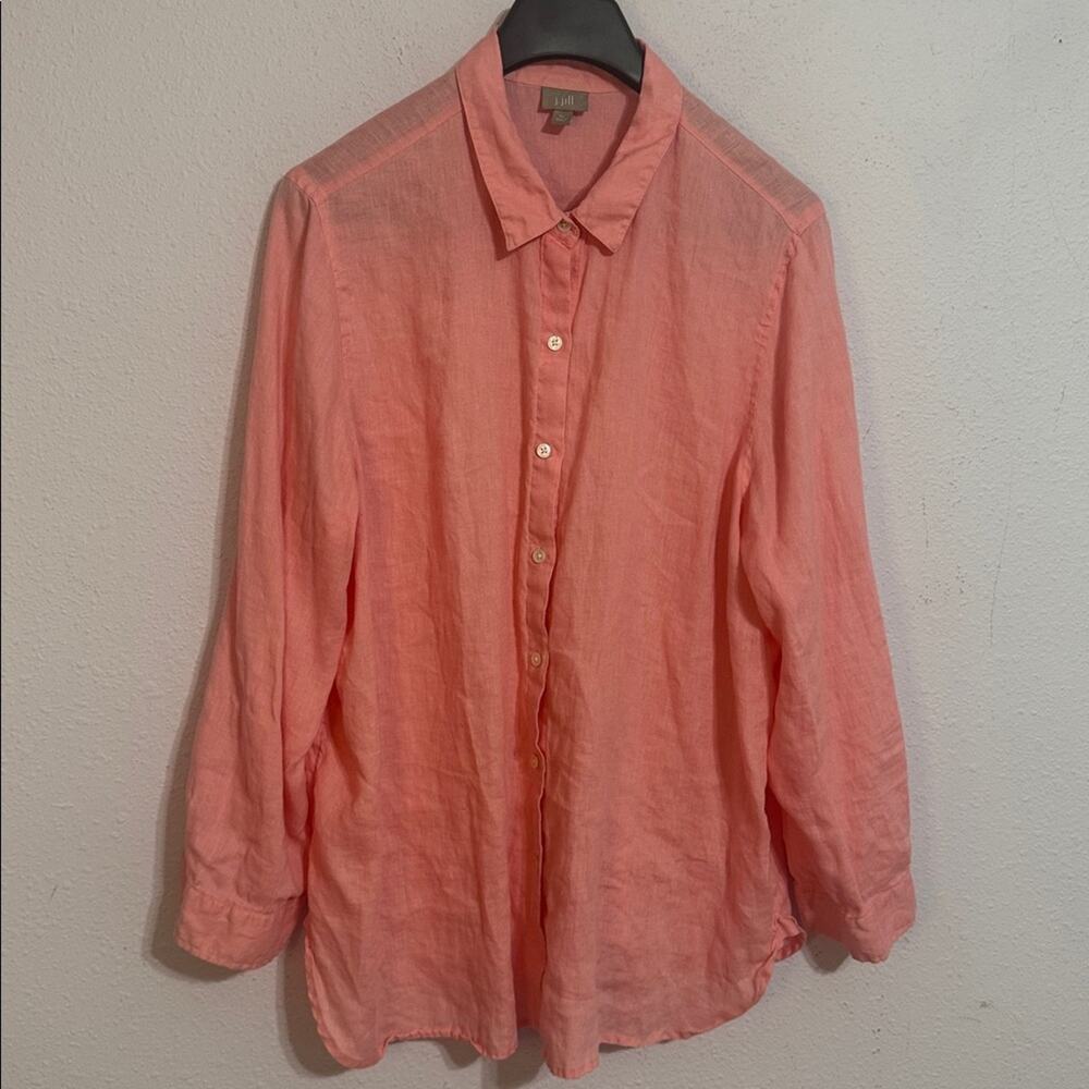 J. Jill Women Coral/Sweer Pink 100% Linen Button-Up Long Sleeve Shirt Size XL